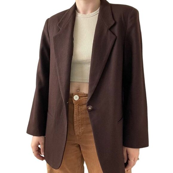 Vintage 80s Womens Brown Wool Oversized Preppy Dark Academia Blazer Sz L - Picture 2 of 10